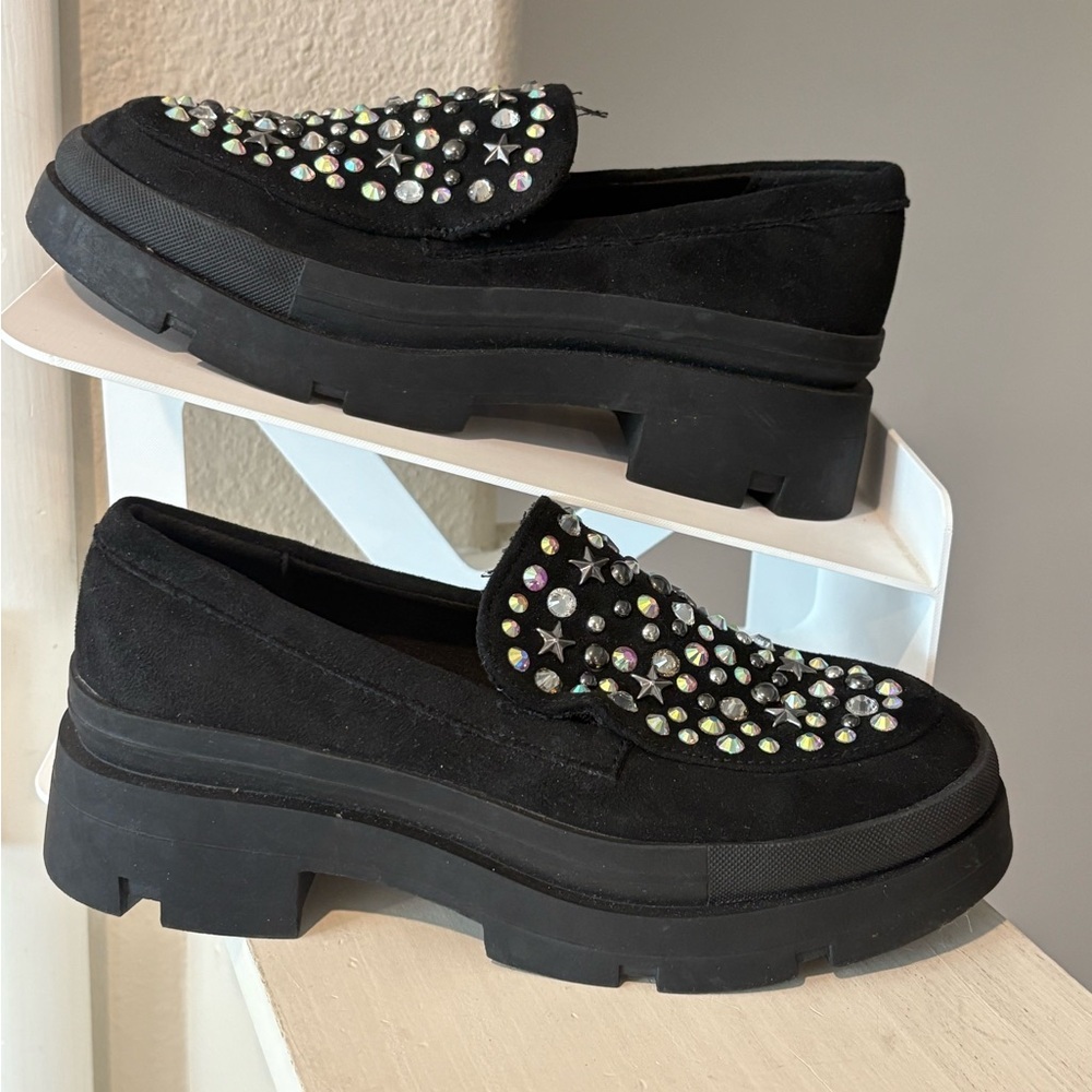 Steve Madden Loosy Studed Platform Chunky Black Loafers Big Kid Youth Size 2Y
